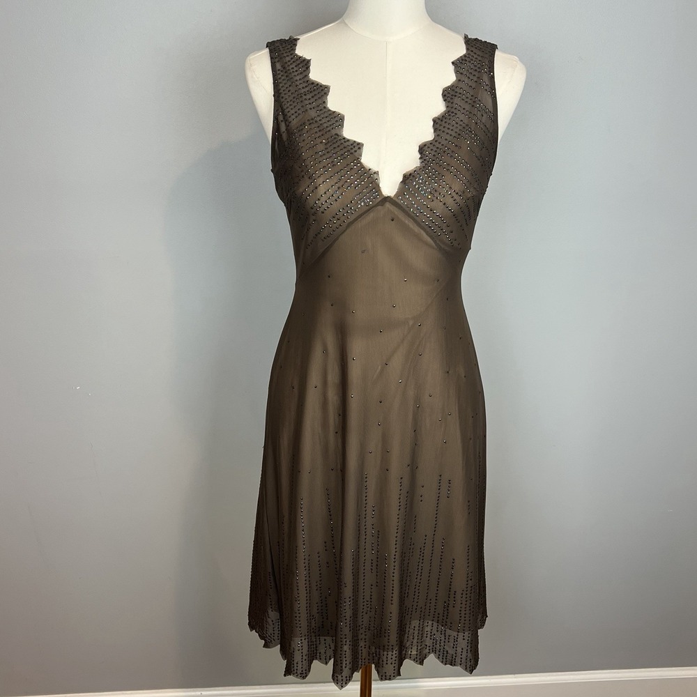 BCBGMaxAzaria Brown Mesh Dress Size Small Y2K Babydoll V Neck Vintage